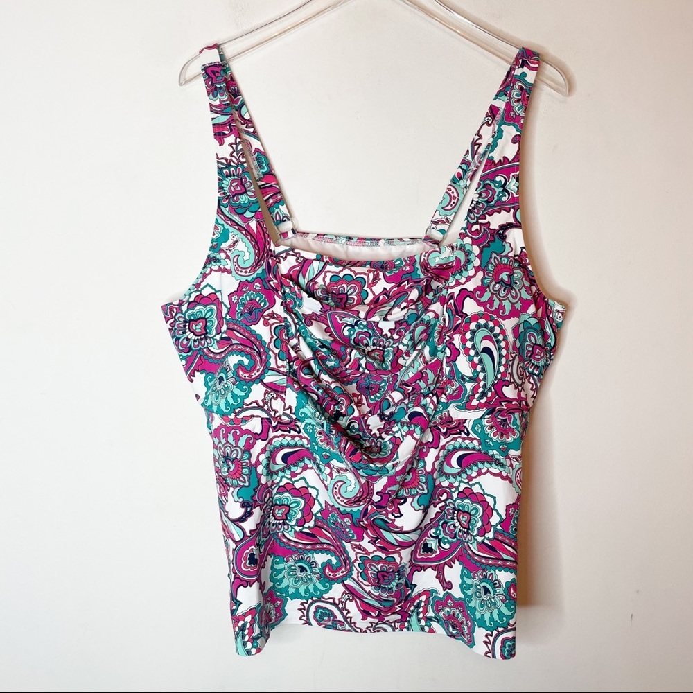 Lands End Modest Tankini Swimsuit Top Womens Plus Size 24W Floral Pink Blue